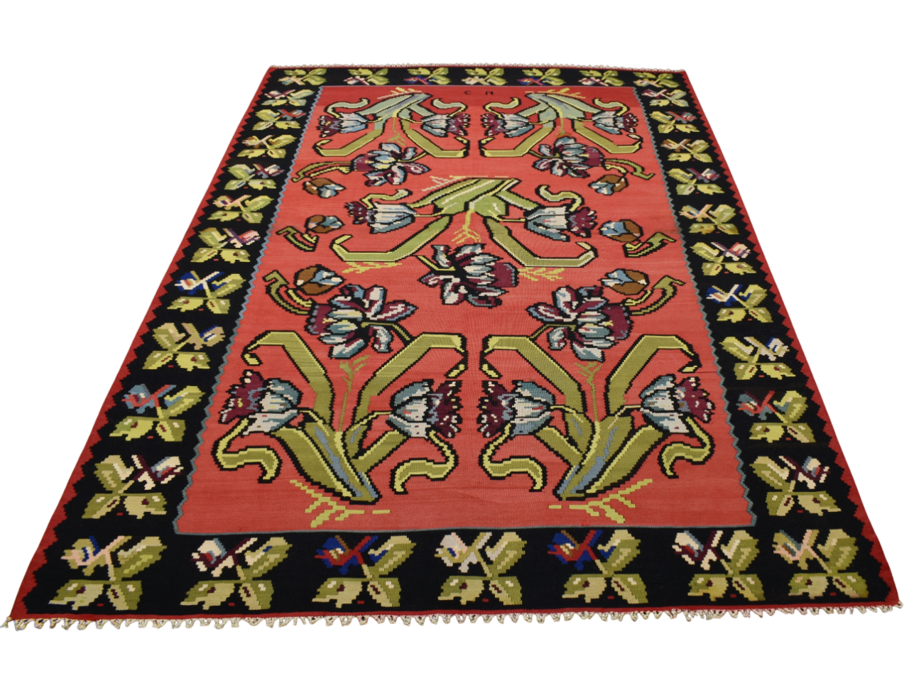 El Dokuma 6m2 Güllü Çiçekli Kirmen Karabağ Yün Kilim 5621