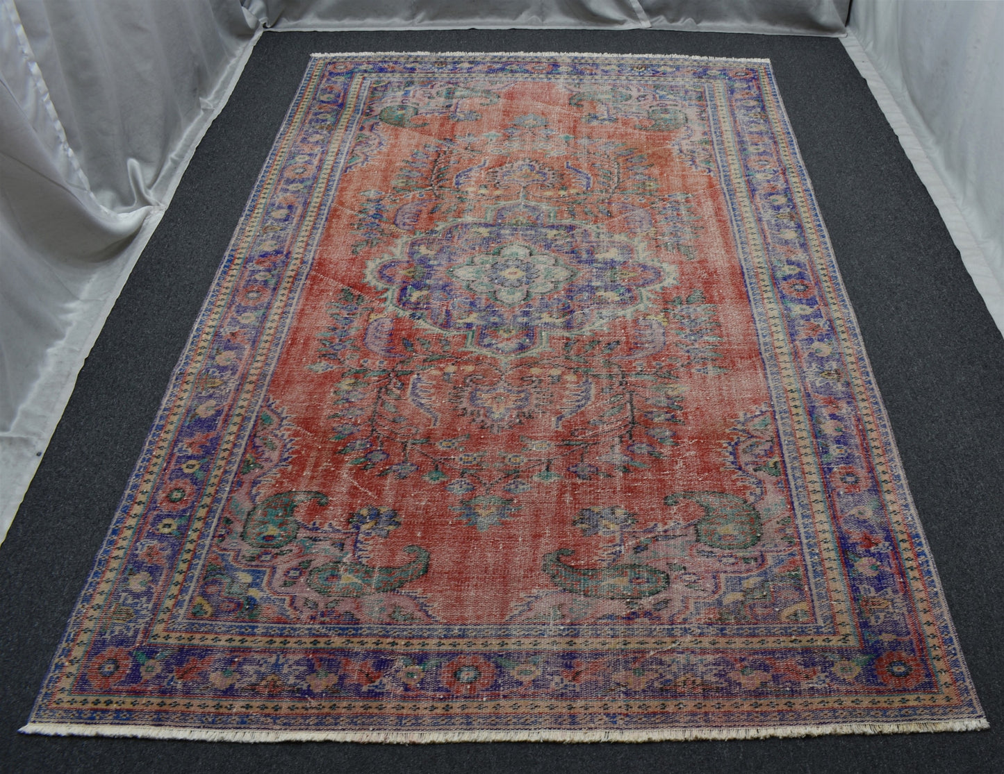 Vintage El Dokuma Turuncu Eskitme Lüks Göbekli Yün Salon Halısı 5632