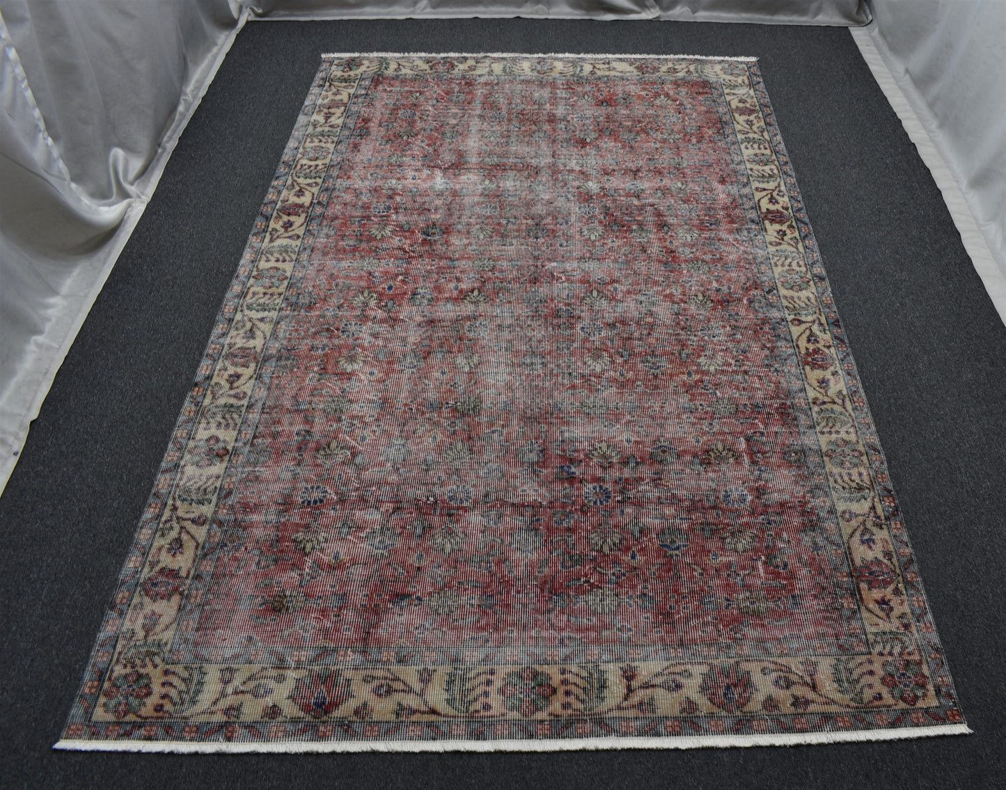 Vintage El Dokuma 5m2 Kırmızı Çiçekli Eskitme Lüks Yün Salon Halısı 5639