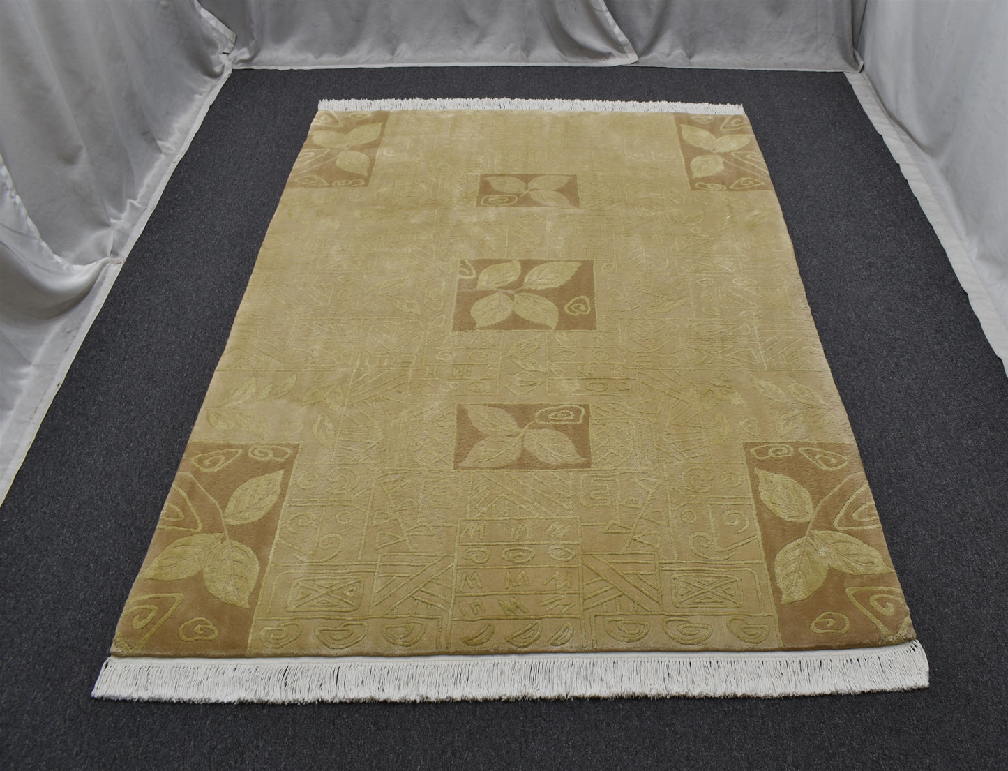 Yeni 4m2 El Dokuma Görkemli Üç Boyutlu Kabartmalı Bej Çin Yün Salon Halısı 5697