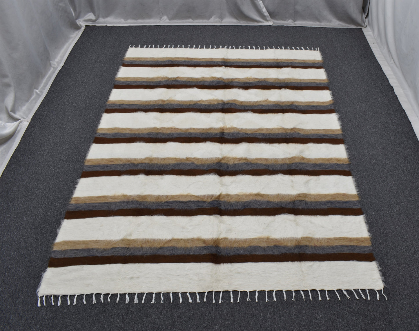 Yeni El Dokuma Çizgili Dikişsiz Çift Kişilik Tiftik Yün Siirt Battaniyesi Kilim 5793