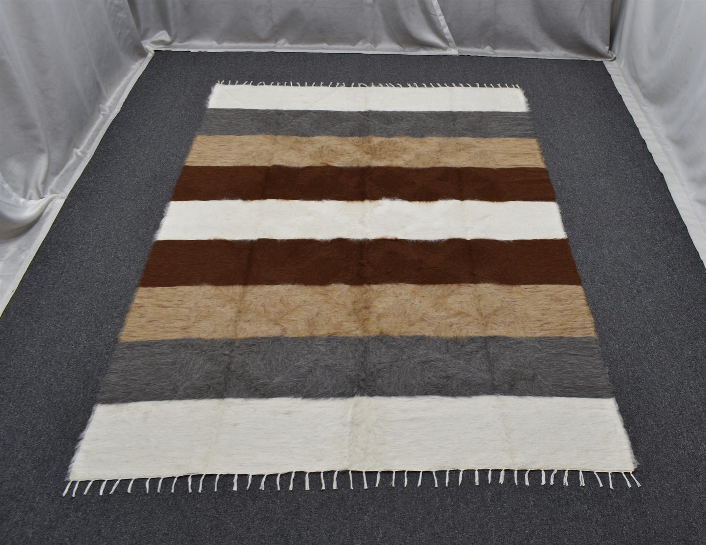 Yeni El Dokuma Çubuklu Dikişsiz Çift Kişilik Tiftik Yün Siirt Battaniyesi Kilim 5795
