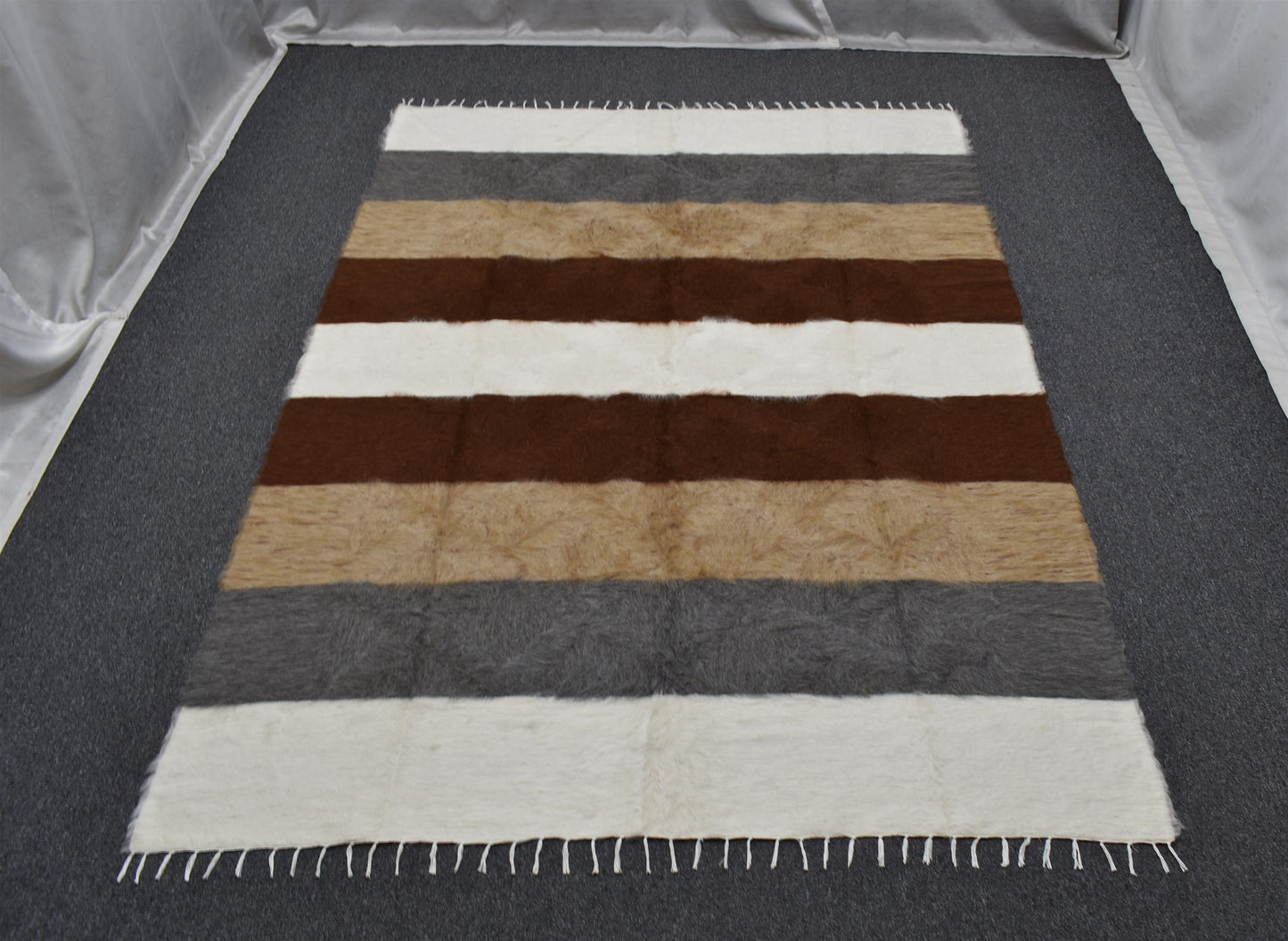 Yeni El Dokuma Çubuklu Dikişsiz Çift Kişilik Tiftik Yün Siirt Battaniyesi Kilim 5795