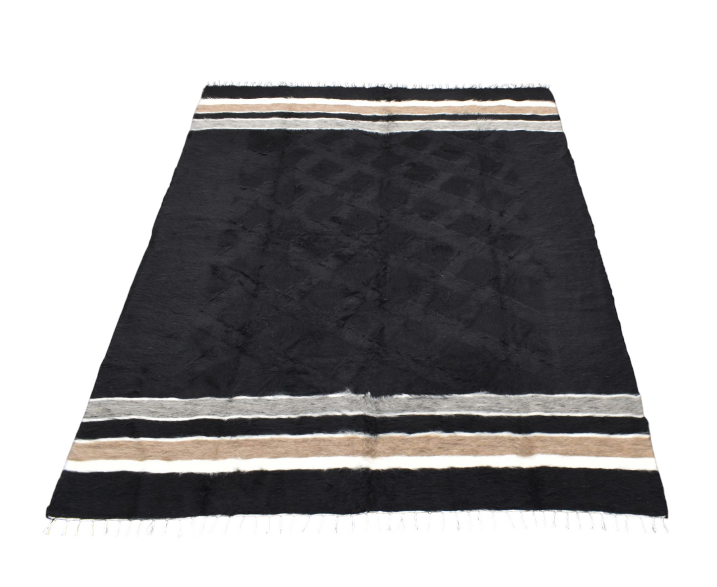 Yeni El Dokuma Siyah Dikişsiz Çift Kişilik Tiftik Yün Siirt Battaniyesi Kilim 5798