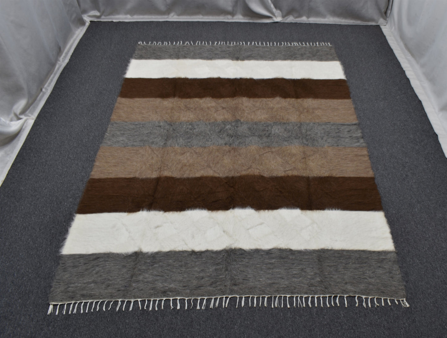 Yeni El Dokuma Geniş Çizgili Dikişsiz Çift Kişilik Tiftik Yün Siirt Battaniyesi Kilim 5800