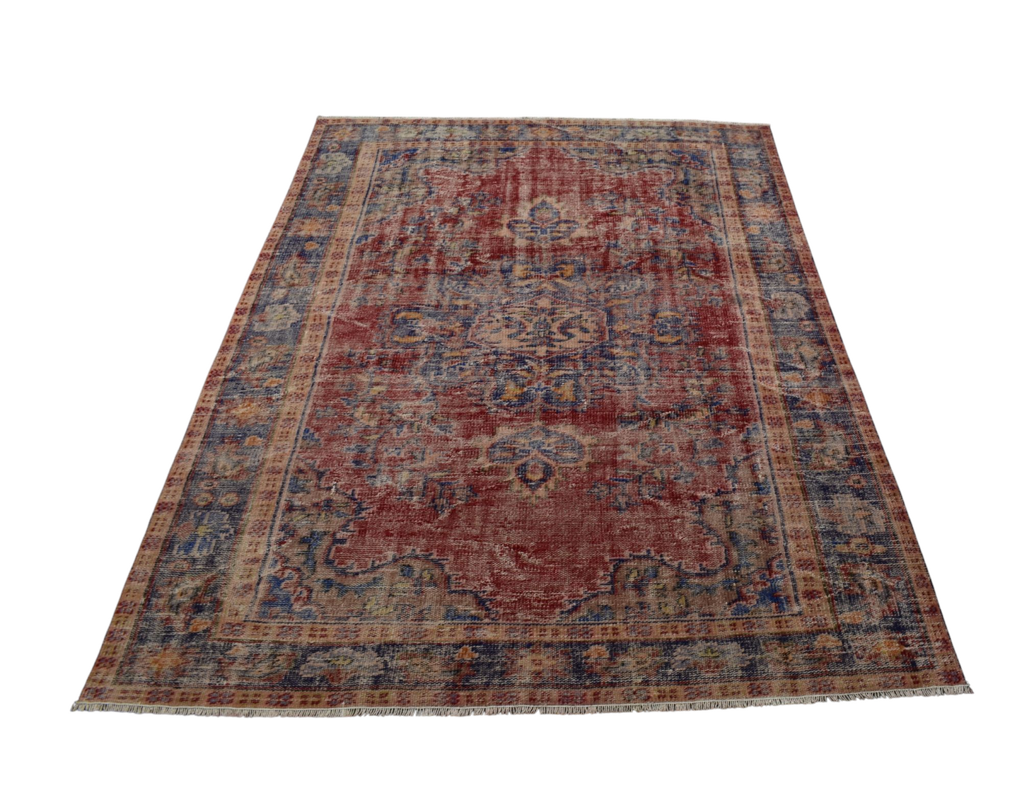 Vintage El Dokuma Kırmızı Lacivert Eskitme Lüks Göbekli Yün Salon Halısı 5806