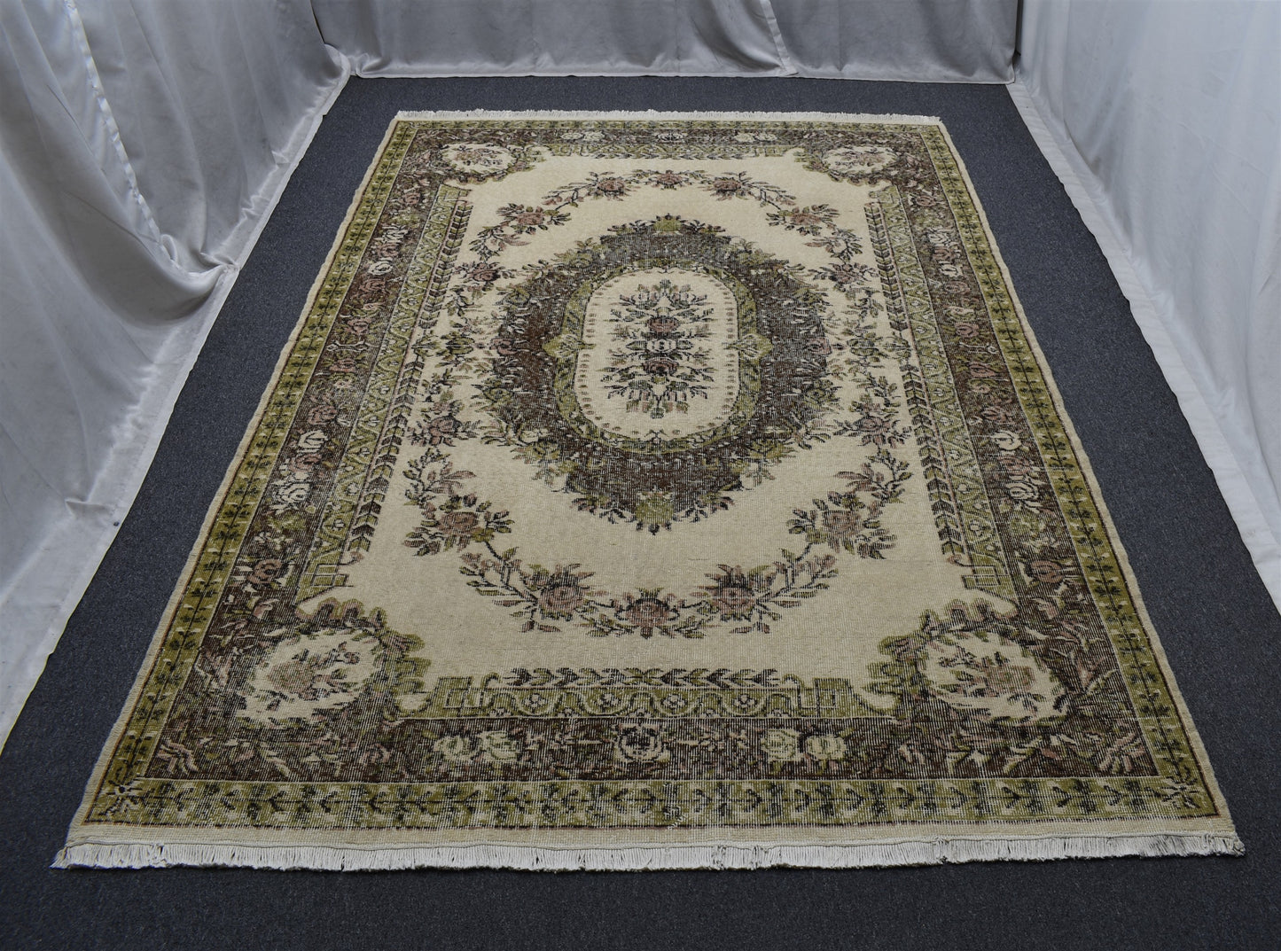 Vintage 6m2 El Dokuma Aubusson Model Eskitme Lüks Yün Salon Halısı 5867