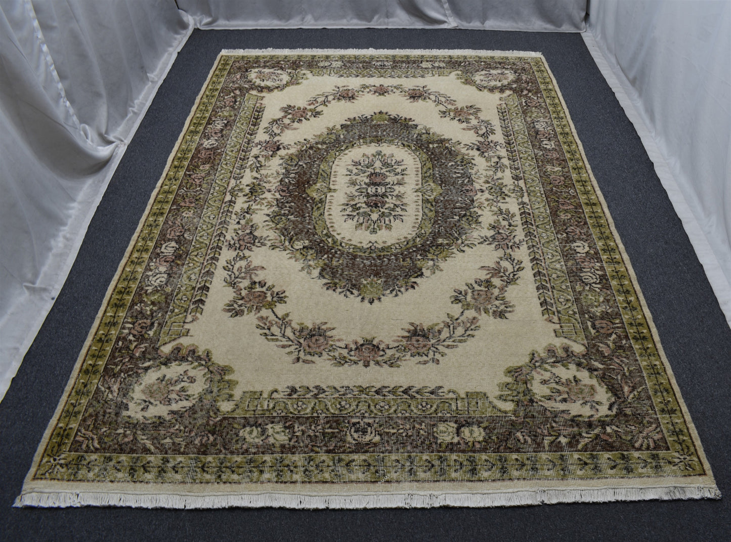 Vintage 6m2 El Dokuma Aubusson Model Eskitme Lüks Yün Salon Halısı 5867