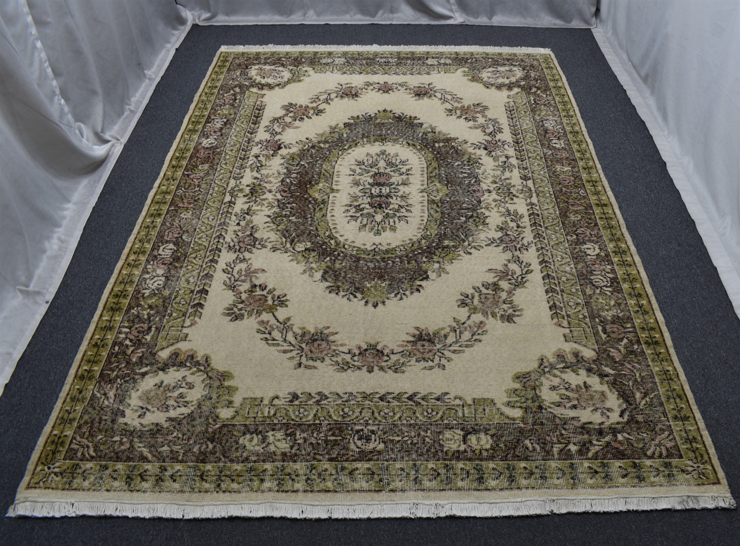 Vintage 6m2 El Dokuma Aubusson Model Eskitme Lüks Yün Salon Halısı 5867