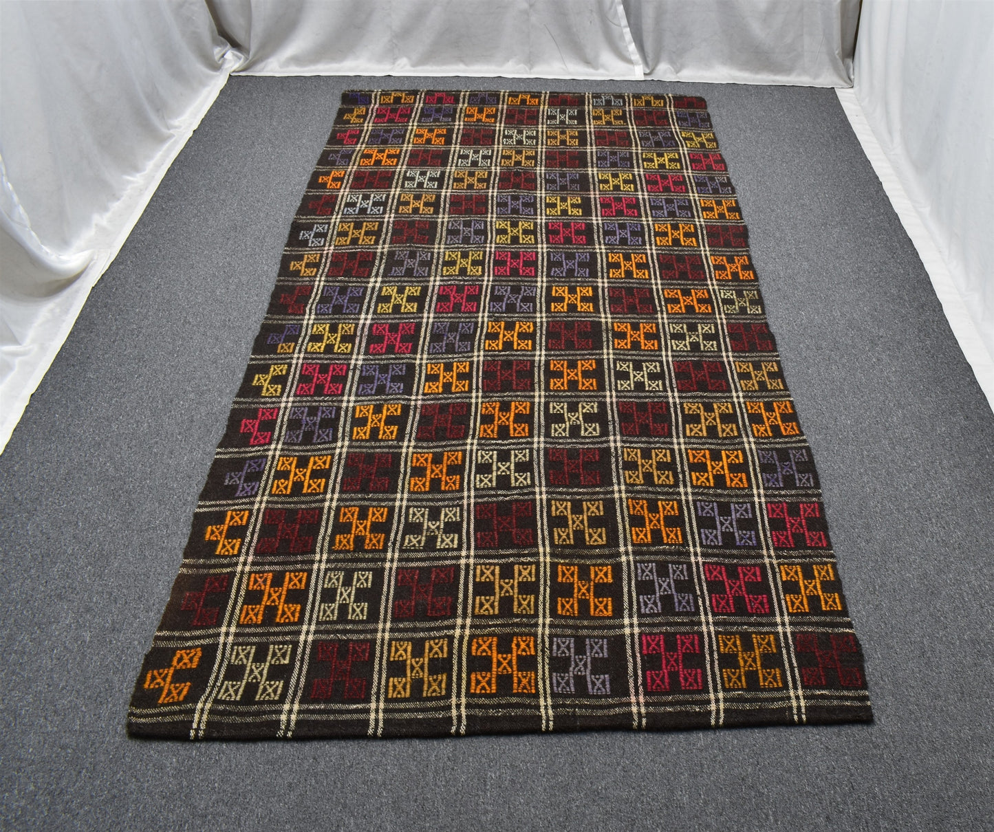 El Dokuması Otantik Karapınar Yörük Ekoseli Yün Cecim Kilim 6261