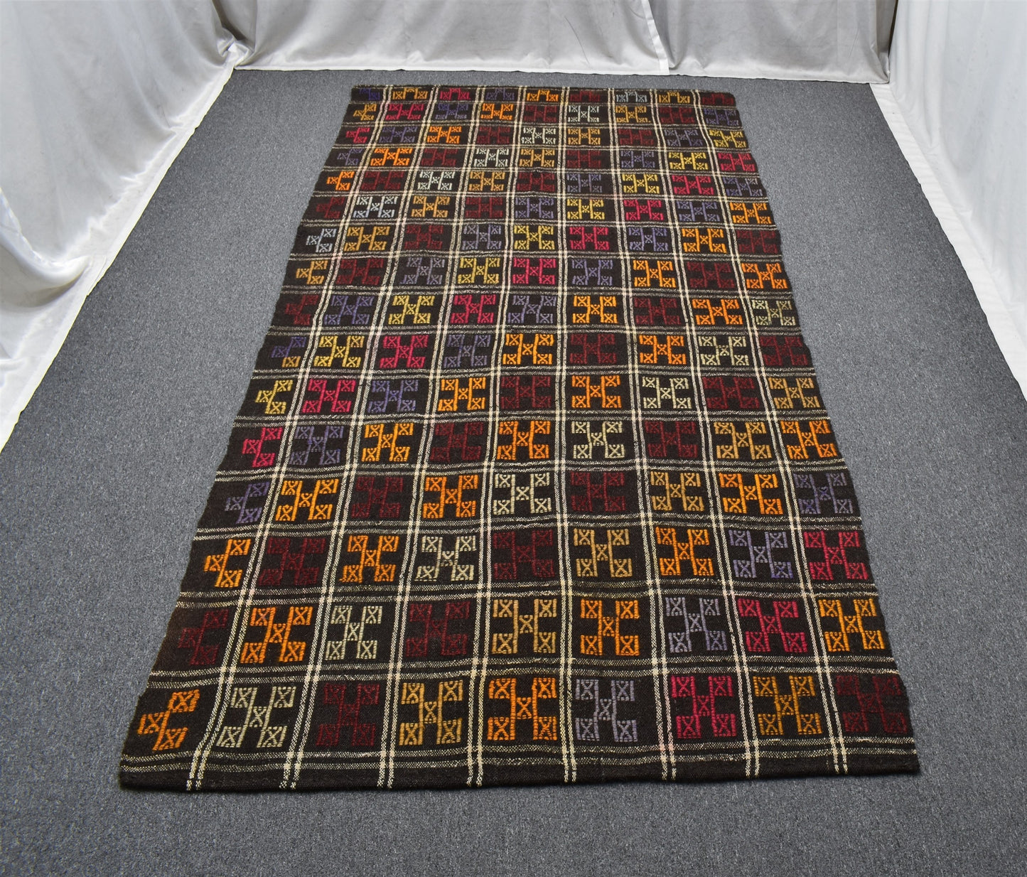 El Dokuması Otantik Karapınar Yörük Ekoseli Yün Cecim Kilim 6261