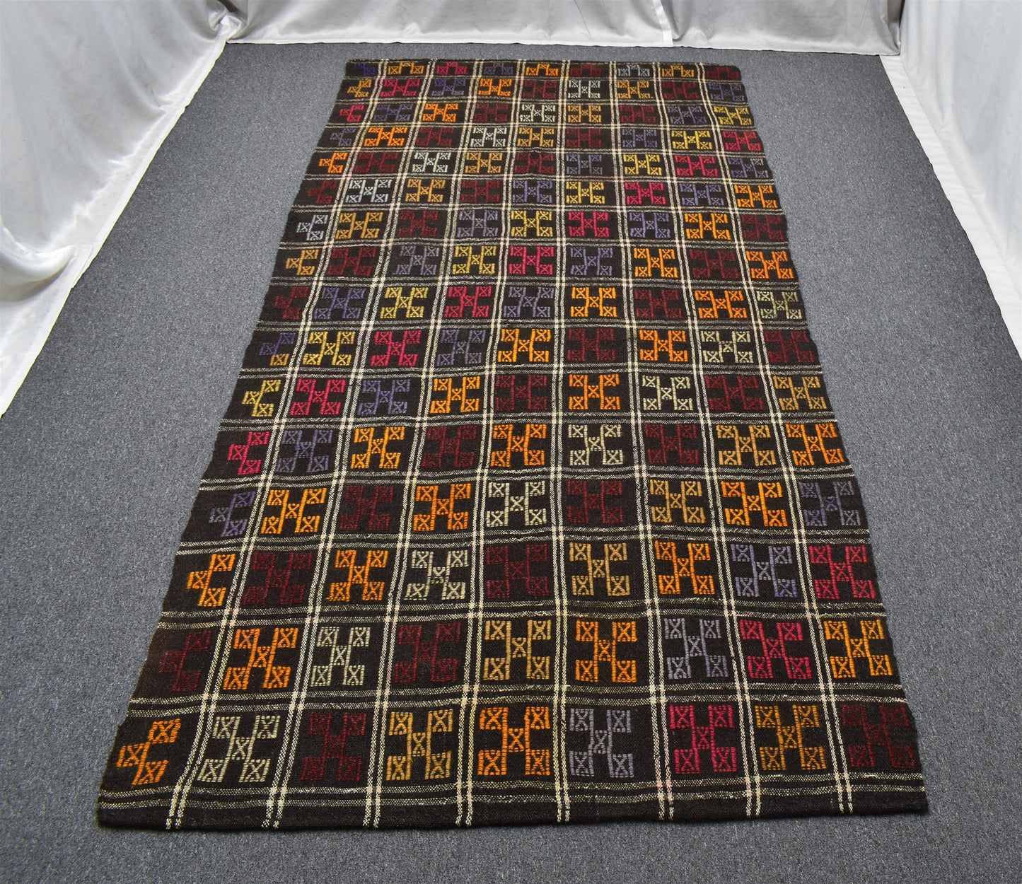 El Dokuması Otantik Karapınar Yörük Ekoseli Yün Cecim Kilim 6261