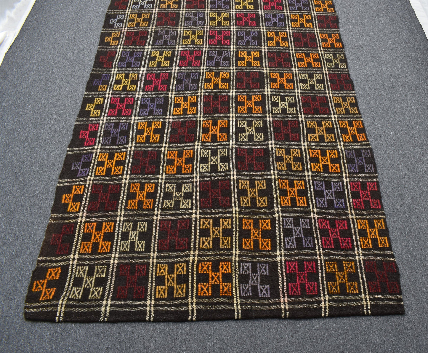 El Dokuması Otantik Karapınar Yörük Ekoseli Yün Cecim Kilim 6261