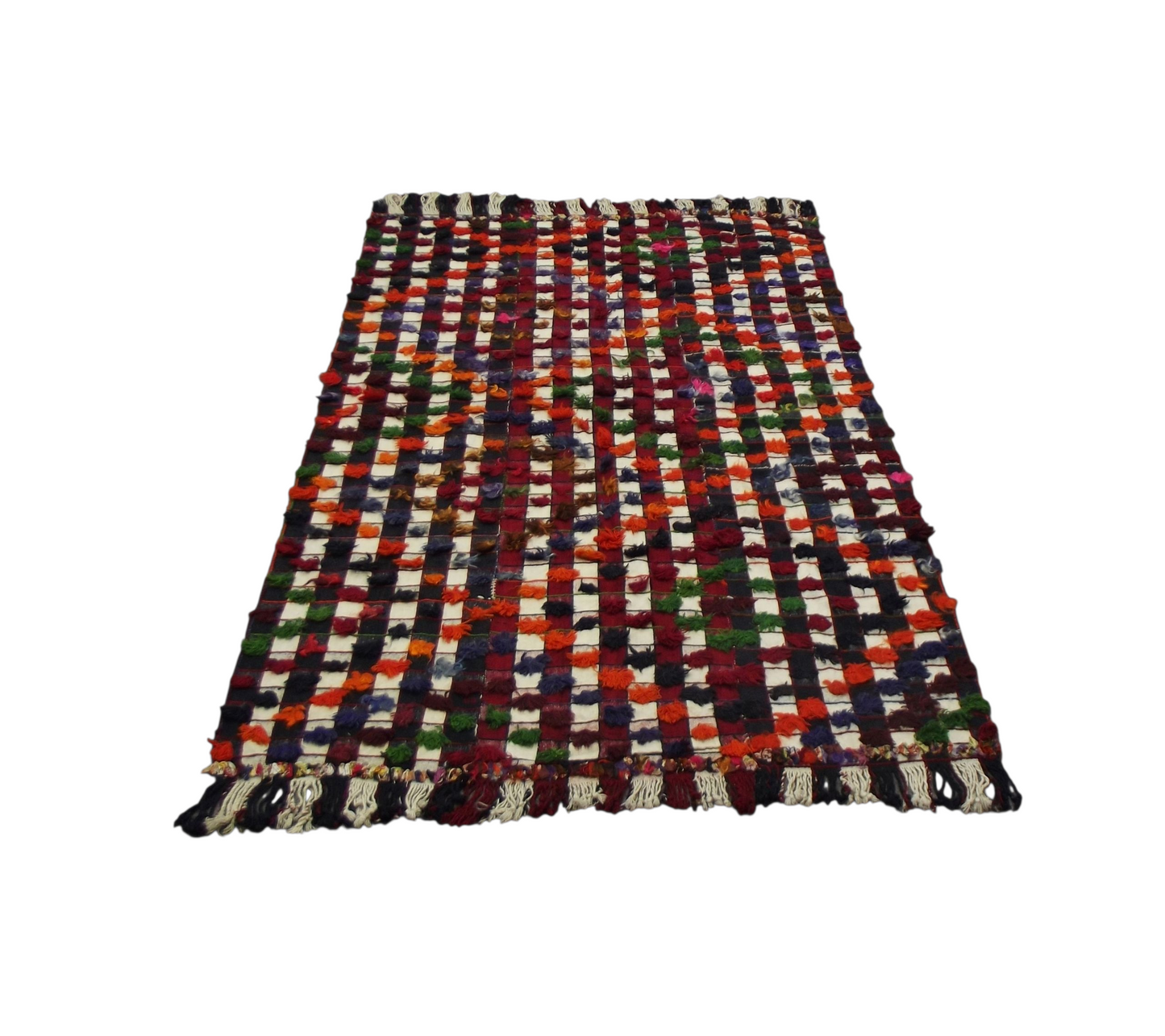 El Dokuma Otantik Ekoseli Ponponlu Tülü Yün Kilim 6270