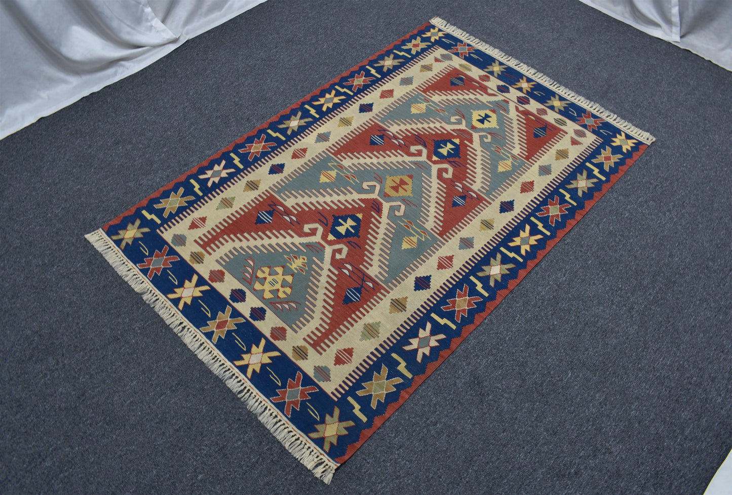 El Dokuma Basamaklı Balıkesir Benzersiz Yörük Yün Kilim 6367