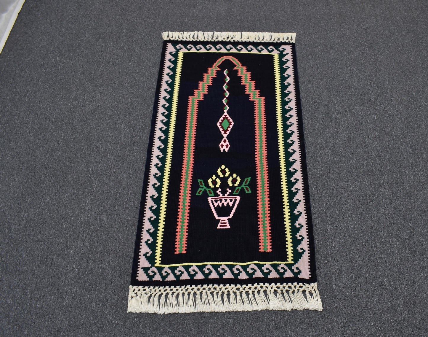 Yeni El Dokuması Siyah Bayburt Mihraplı Seccade Kilim 6393
