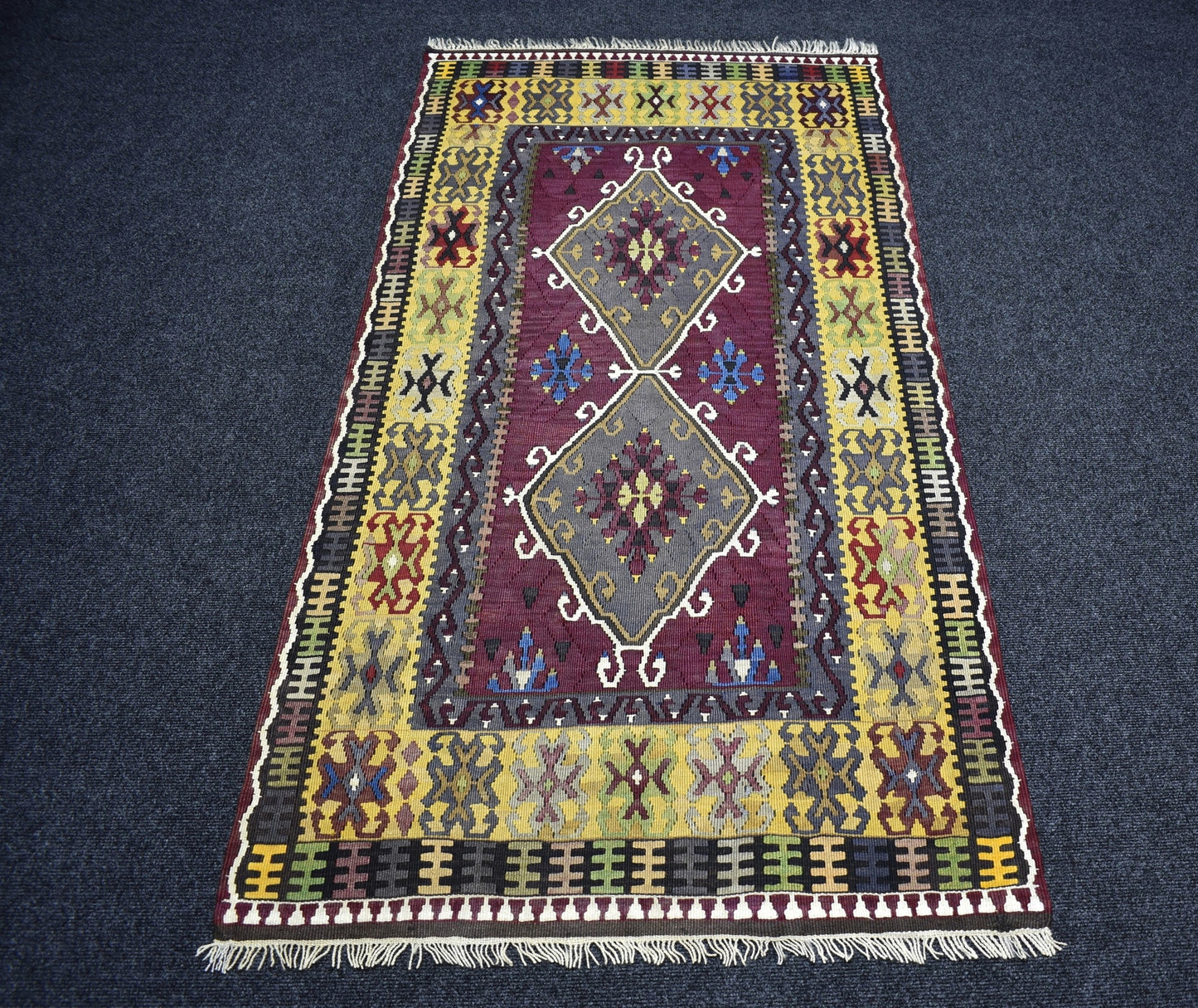 Vintage El Dokuma Ender Benzersiz Kirman Yahyalı Yün Kilim 7454
