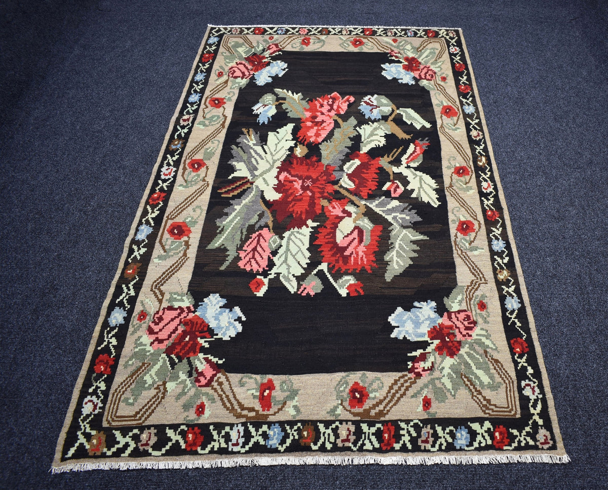 El Dokuma Güllü Çiçekli Kirmen Karabağ Yün Kilim 7536