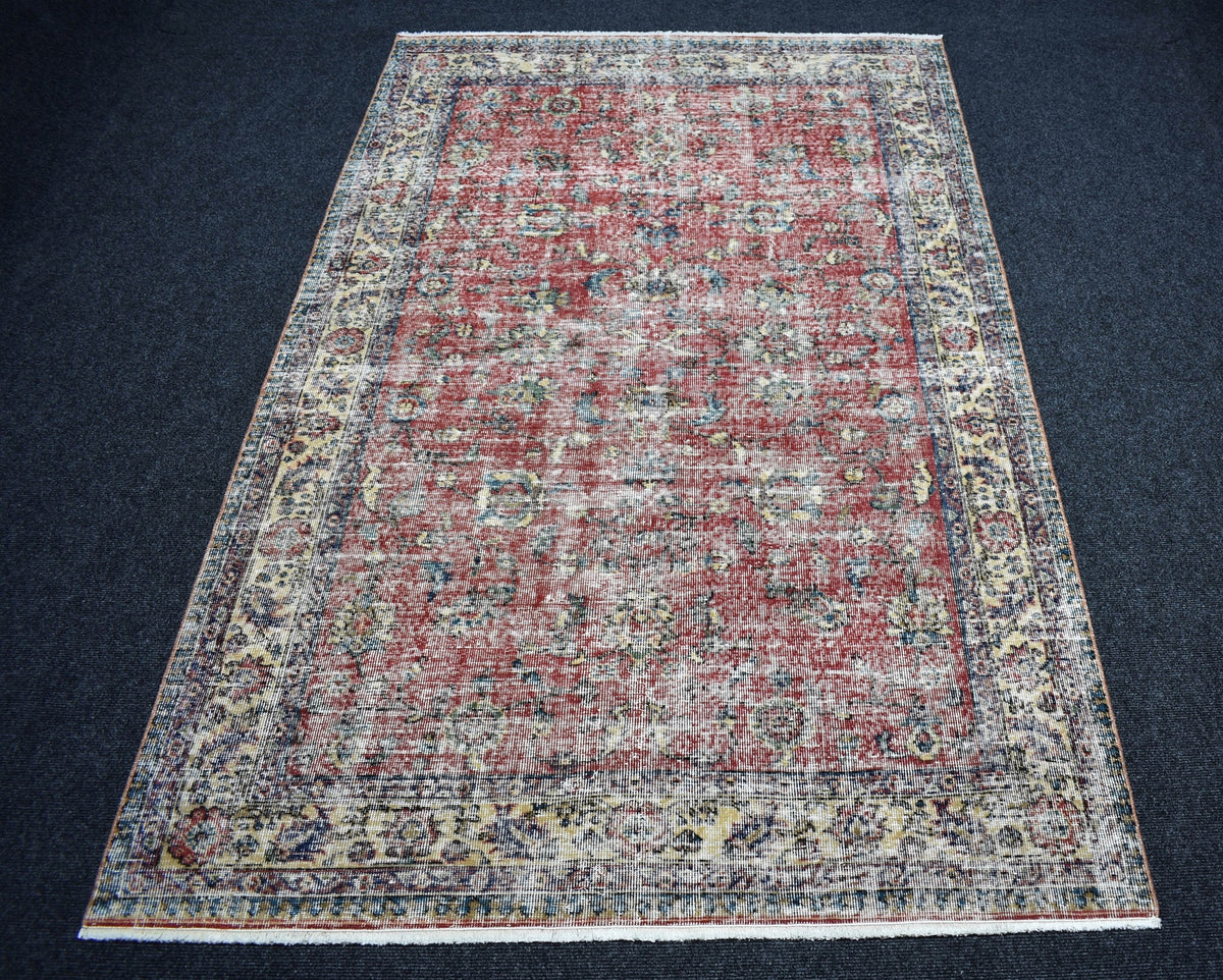 Vintage 4m2 El Dokuma Serpme Çiçekli Kırmızı Eskitme Lüks Yün Salon Halısı 7755