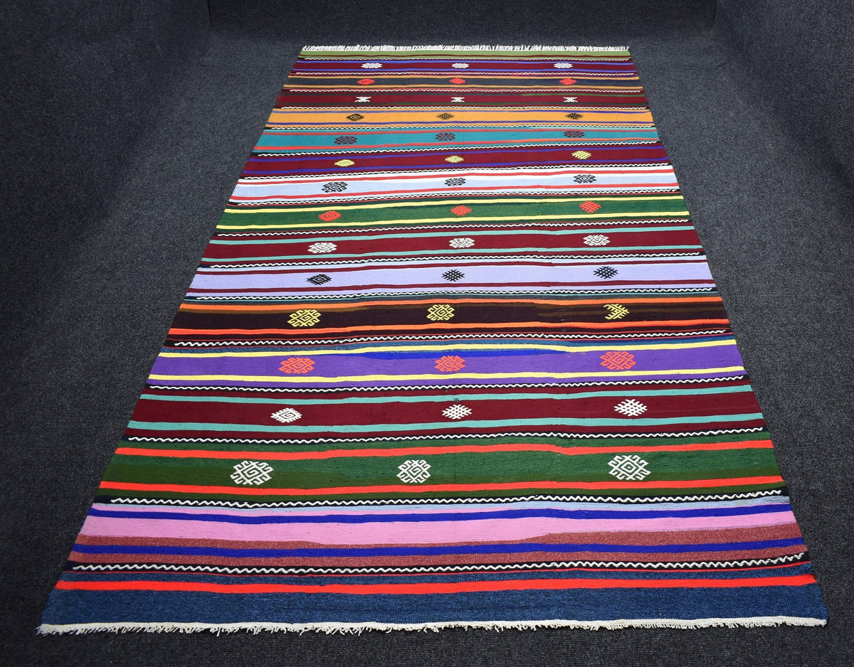 Yeni El Dokuma 7m2 Capcanlı Rengarenk Çubuklu Balıkesir Bukleli Pamuklu Kilim 7803