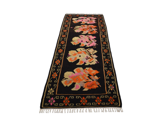 El Dokuma Gösterişli Güllü Çiçekli Kirmen Karabağ Yolluk Yün Kilim 6378