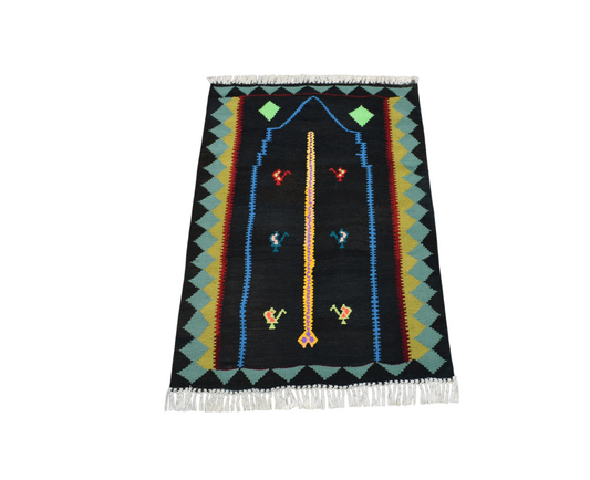 Yeni El Dokuması Benzersiz Bayburt Mihraplı Seccade Siyah Yün Kilim 6403