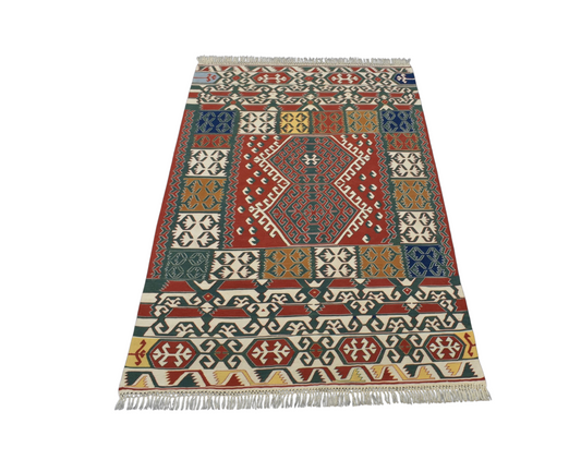 El Dokuma Benzersiz Yağcıbedir Yörük Yün Kilim 6410