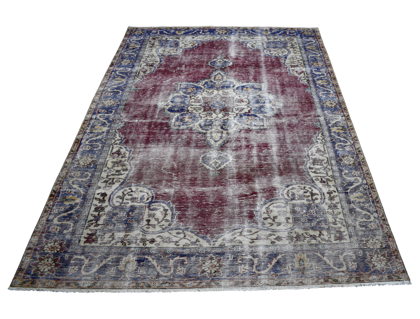Vintage 6m2 El Dokuma Kırmızı Lacivert Eskitme Lüks Göbekli Yün Salon Halısı 6931