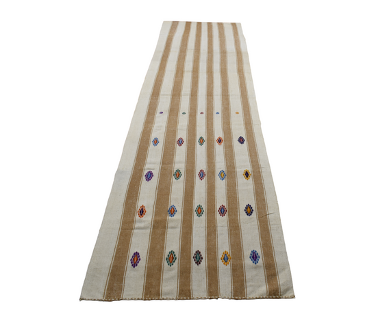 Yeni El Dokuma Uzun Tek Parça Ak Pamuklu Yörük Yolluk Kilim 7017