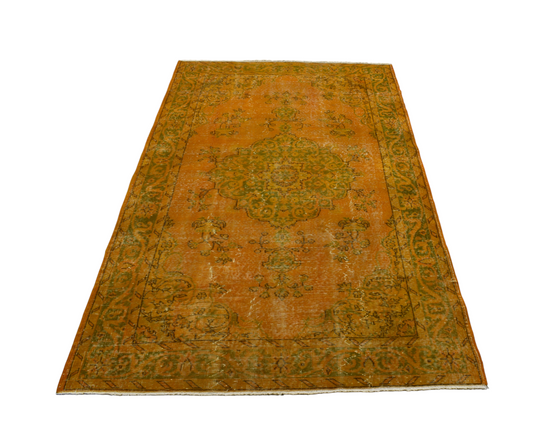 Vintage El Dokuma Overdye Tek Renk Turuncu Göbekli Yün Halı 7165