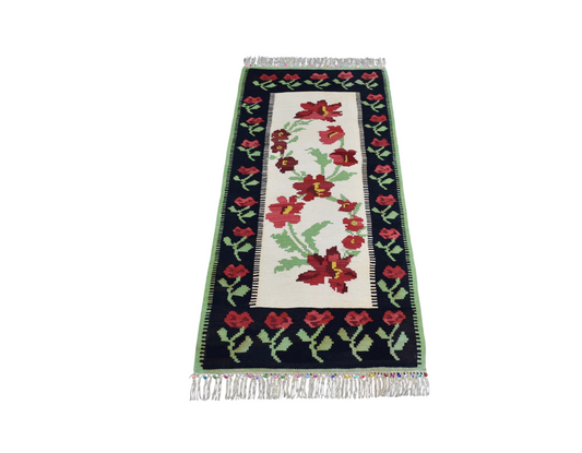 Yeni El Dokuma Otantik Güllü Çiçekli Karabağ Yolluk Yün Kilim 7183