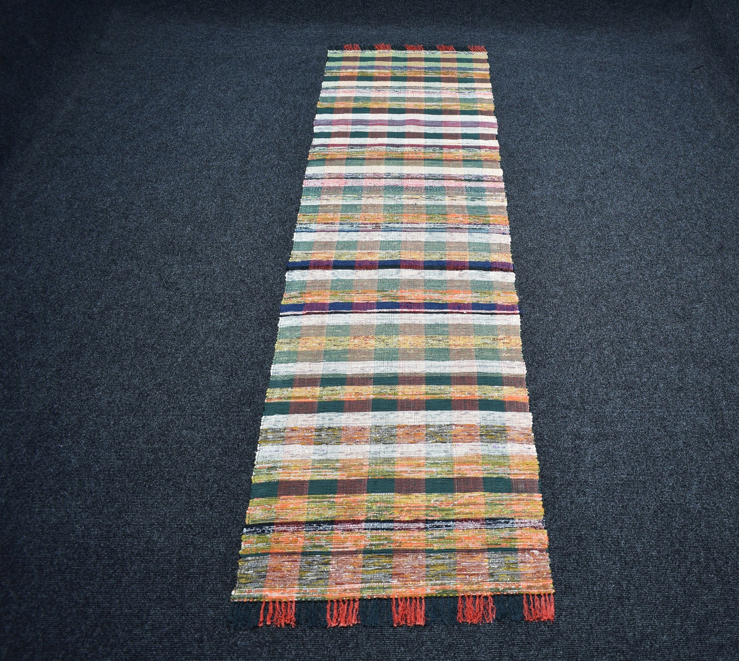 Yeni El Dokuma Ender Ekoseli Bukleli Pamuklu Yolluk Kilim 7205