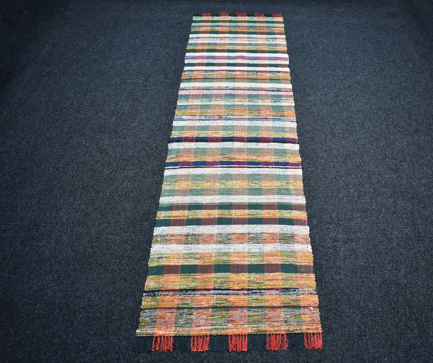 Yeni El Dokuma Ender Ekoseli Bukleli Pamuklu Yolluk Kilim 7205