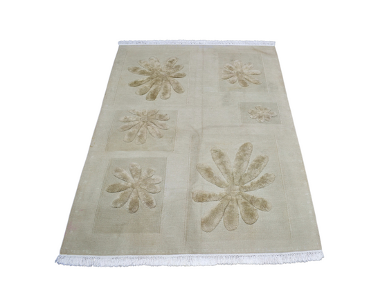 Vintage El Dokuma Modern Benzersiz Pastel Çiçekli Yün Kilim 7262