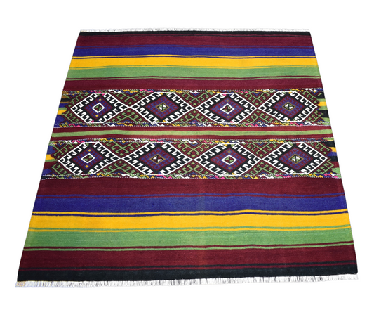 El Dokuması Benzersiz Çumra Yörük Kare Yün Cecim Kilim 7270