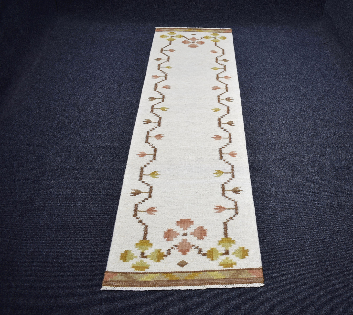 Yeni El Dokuma Modern Özel Tasarım Bej Krem Yolluk Yün Kilim 7287