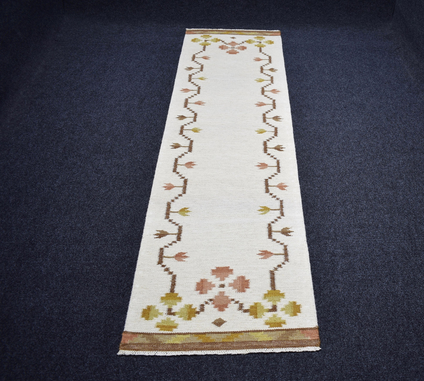 Yeni El Dokuma Modern Özel Tasarım Bej Krem Yolluk Yün Kilim 7287