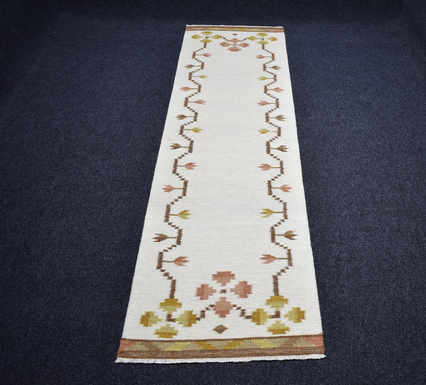 Yeni El Dokuma Modern Özel Tasarım Bej Krem Yolluk Yün Kilim 7287