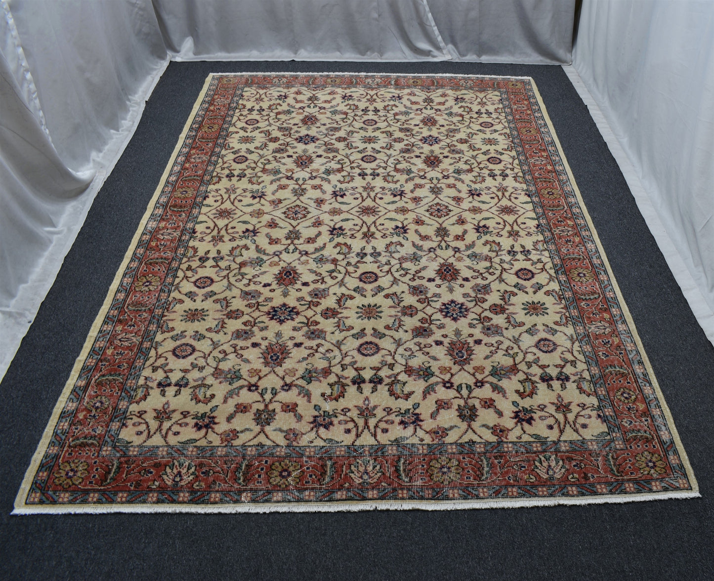Vintage 6m2 El Dokuma Naif Eskitme Çiçekli Pastel Yün Salon Halısı 7314