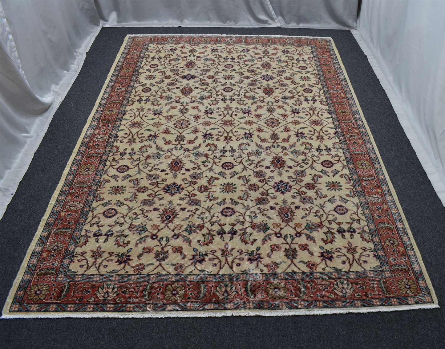 Vintage 6m2 El Dokuma Naif Eskitme Çiçekli Pastel Yün Salon Halısı 7314