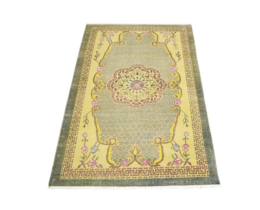 Vintage El Dokuma Enfes Eskitme Sarı Kula İzmir Yün Halı 7451