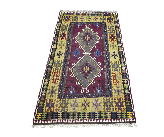 Vintage El Dokuma Ender Benzersiz Kirman Yahyalı Yün Kilim 7454