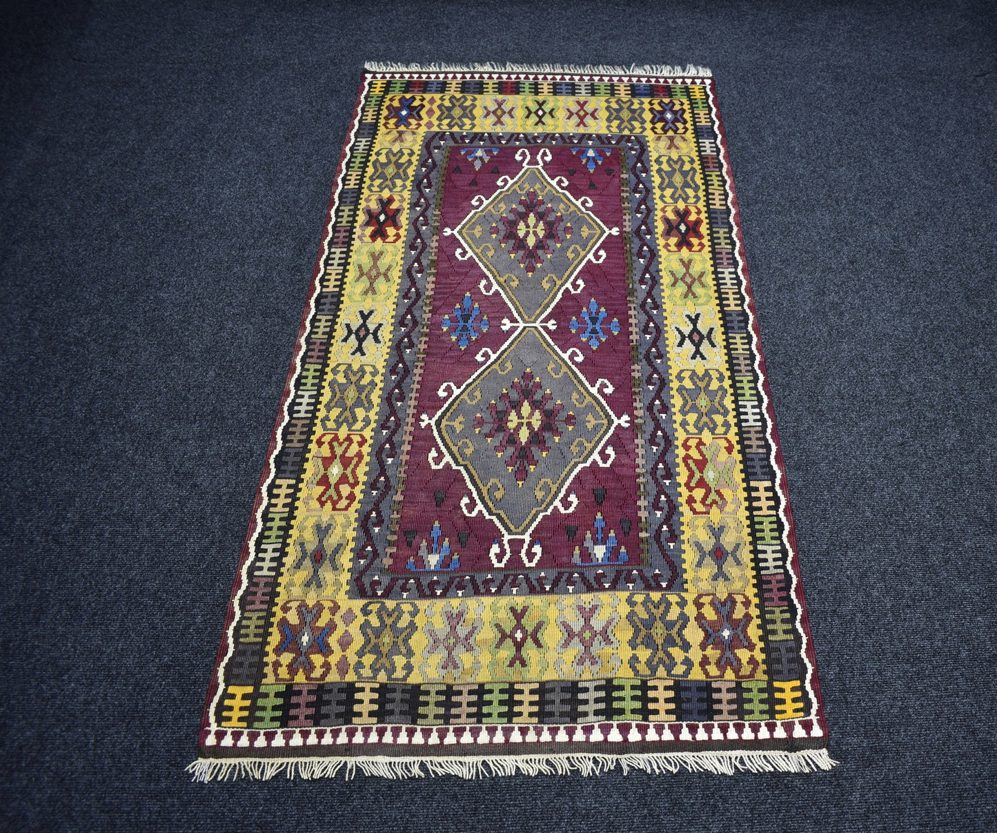 Vintage El Dokuma Ender Benzersiz Kirman Yahyalı Yün Kilim 7454