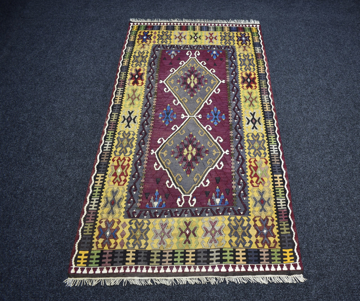 Vintage El Dokuma Ender Benzersiz Kirman Yahyalı Yün Kilim 7454