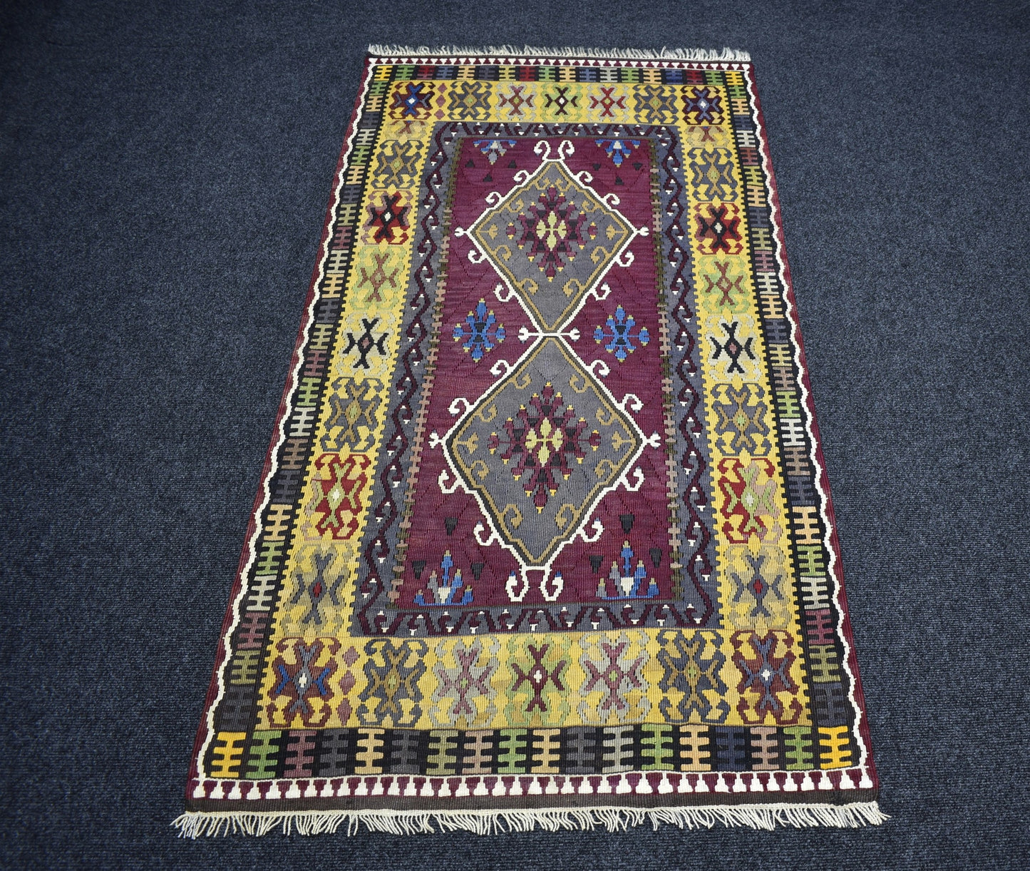 Vintage El Dokuma Ender Benzersiz Kirman Yahyalı Yün Kilim 7454