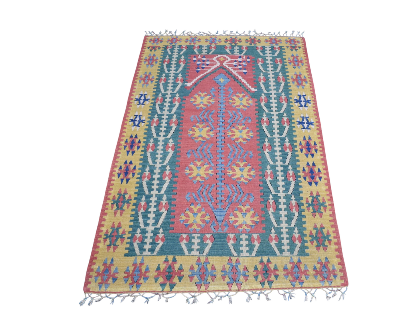 Vintage El Dokuma Ender Pastel Mihraplı Balıkesir Yün Kilim 7460