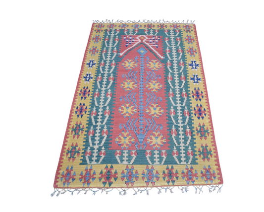 Vintage El Dokuma Ender Mihraplı Balıkesir Yün Kilim 7460
