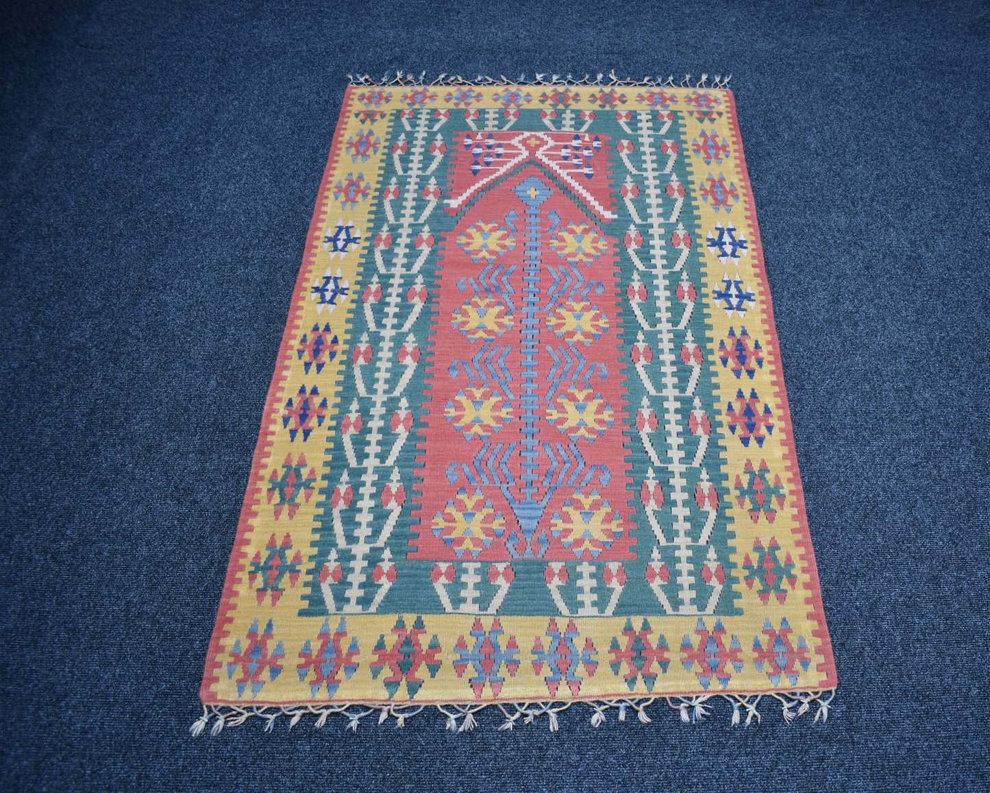 Vintage El Dokuma Ender Pastel Mihraplı Balıkesir Yün Kilim 7460