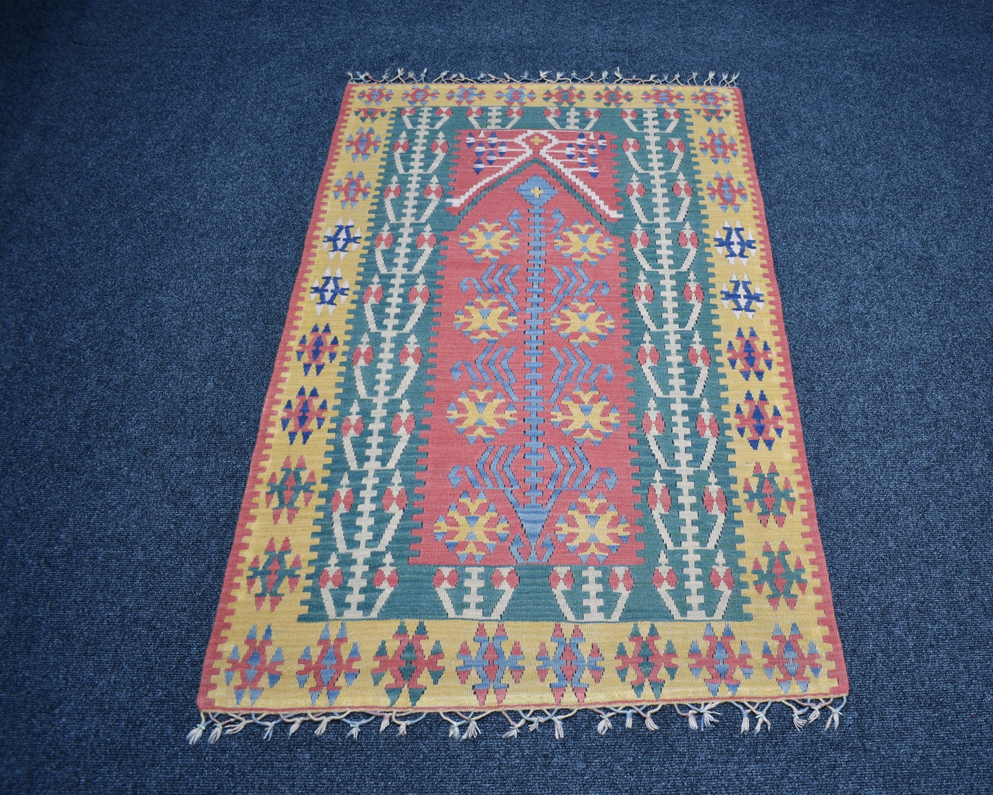Vintage El Dokuma Ender Pastel Mihraplı Balıkesir Yün Kilim 7460