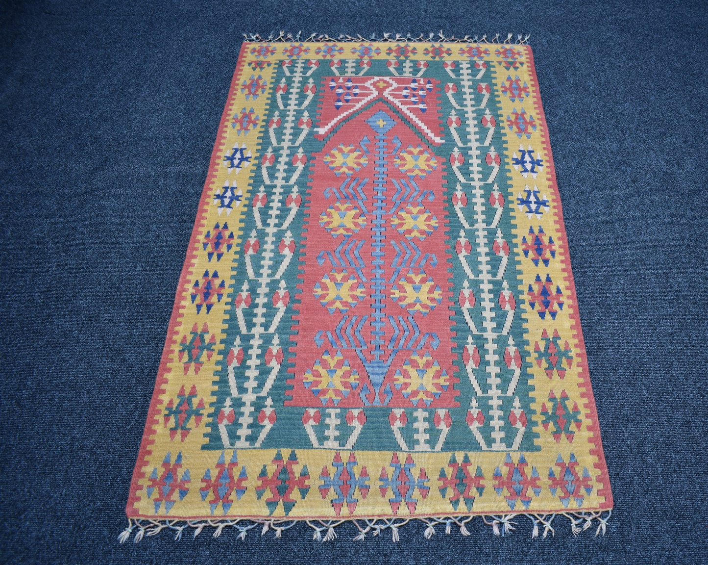 Vintage El Dokuma Ender Pastel Mihraplı Balıkesir Yün Kilim 7460